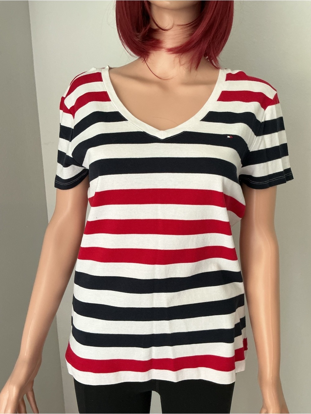Tommy Hilfiger Striped V-Neck Tee in Red, Black & White - Picture 4 of 9